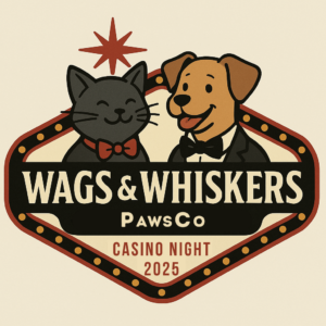 Logo for Wags & Whiskers. Illustration of a dog and cat dressed in formal attire.